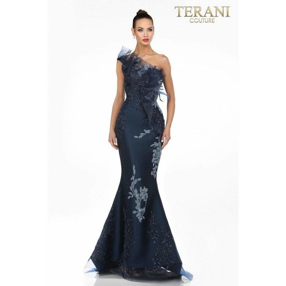 Terani Couture Embellished one-shoulder evening gown, Navy Blue, BNWT